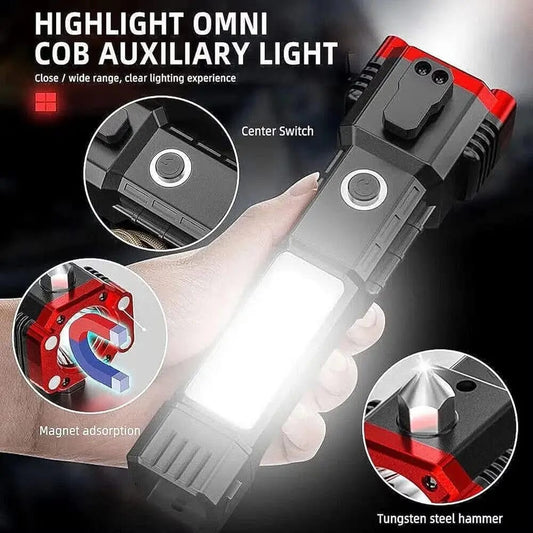 High-Power LED Torch Light Rechargeable Flashlight With Multifunctional Tactical Hammer And Power Bank Feature With Box (Random Color)