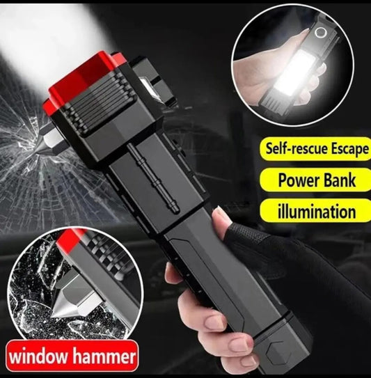 High-Power LED Torch Light Rechargeable Flashlight With Multifunctional Tactical Hammer And Power Bank Feature With Box (Random Color)