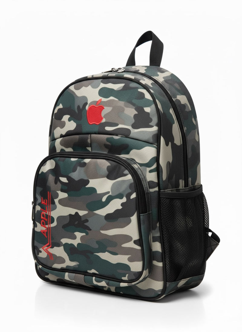 🎒 Camouflage Backpack with Red Apple Logo - Stylish & Functional