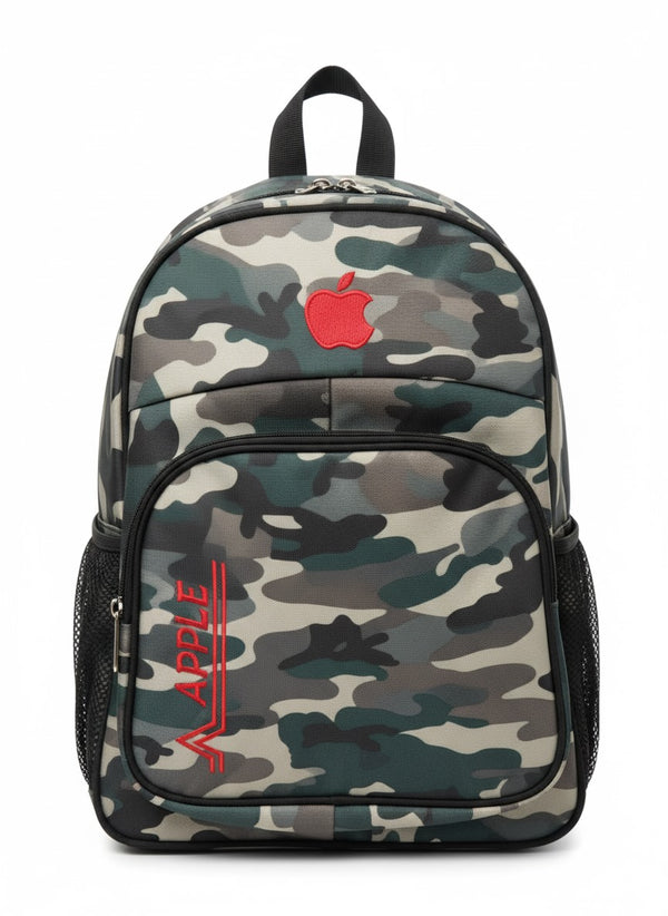 🎒 Camouflage Backpack with Red Apple Logo - Stylish & Functional
