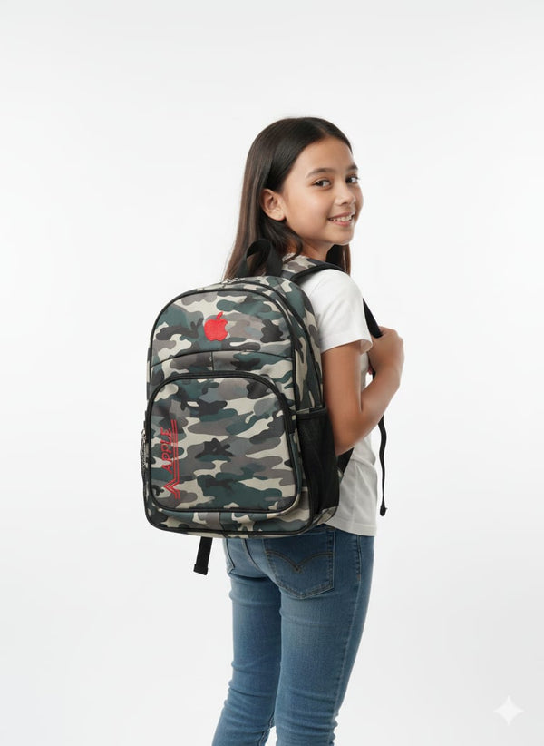 🎒 Camouflage Backpack with Red Apple Logo - Stylish & Functional