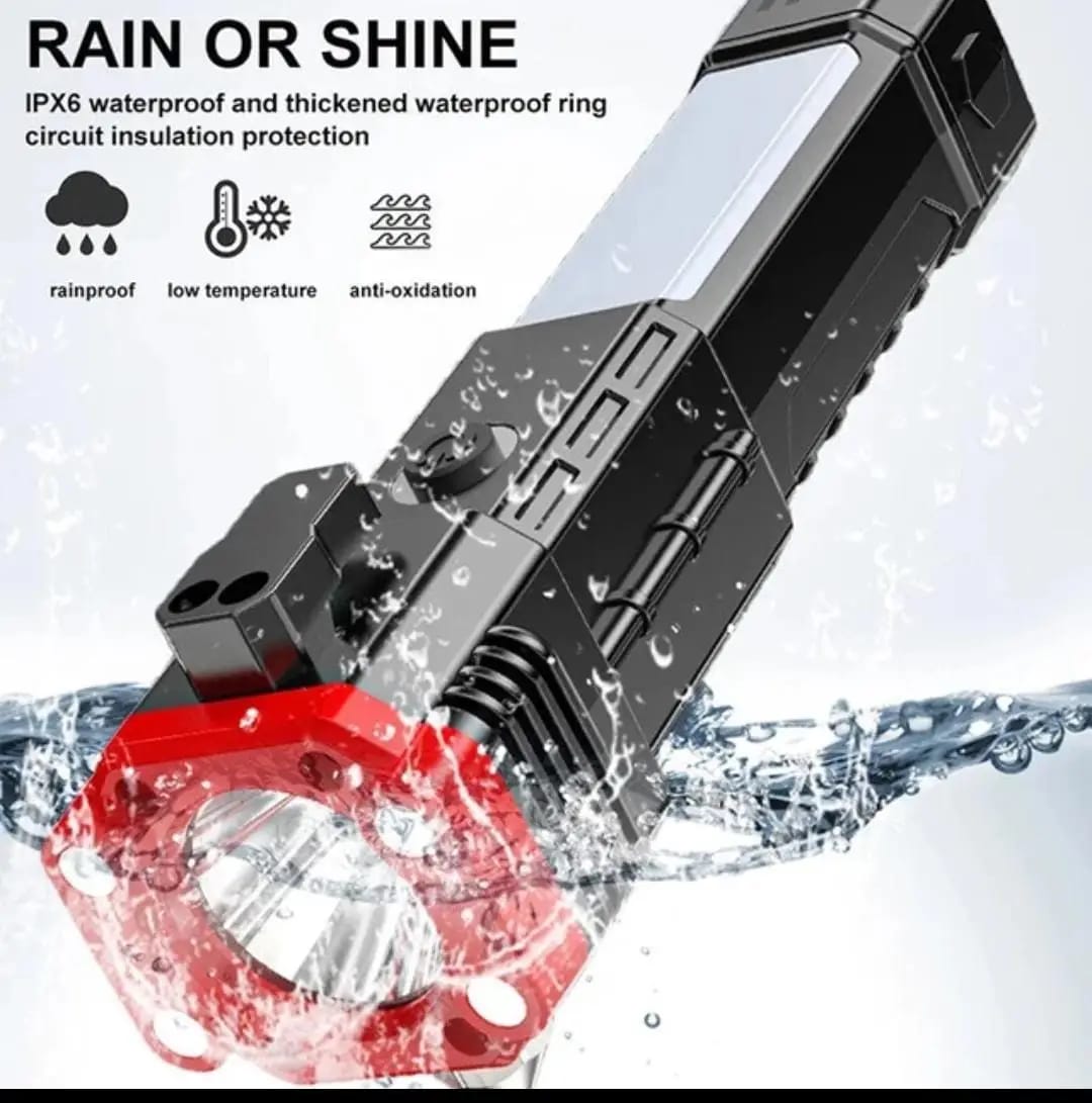High-Power LED Torch Light Rechargeable Flashlight With Multifunctional Tactical Hammer And Power Bank Feature With Box (Random Color)