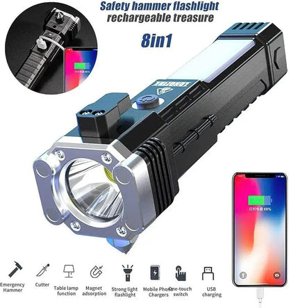 High-Power LED Torch Light Rechargeable Flashlight With Multifunctional Tactical Hammer And Power Bank Feature With Box (Random Color)