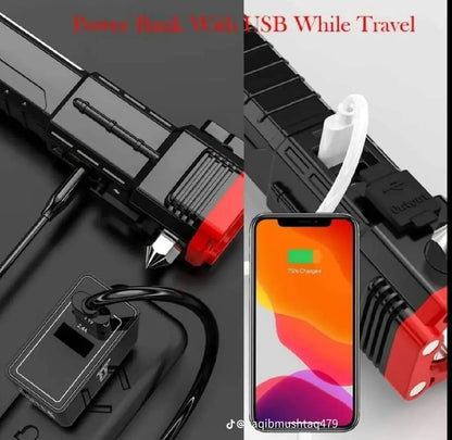 High-Power LED Torch Light Rechargeable Flashlight With Multifunctional Tactical Hammer And Power Bank Feature With Box (Random Color)